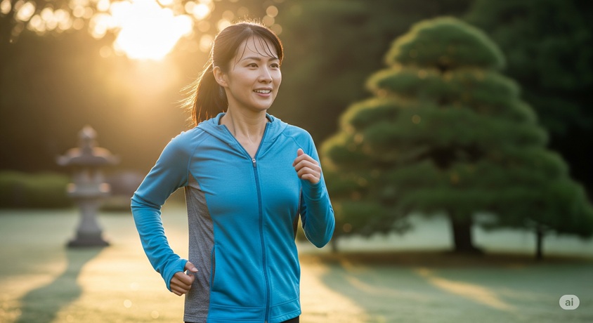 朝日を浴びながら、公園のような場所でジョギングをする笑顔の日本人女性です。