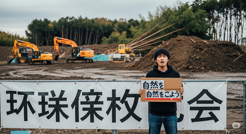 メガソーラーの建設現場と思われる場所で、「自然を 自然をこわそう」と書かれた段ボールを持つ男性が立っています。背景には建設機械や伐採された木々が見えます。