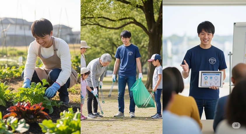 畑で野菜の手入れをする男性、公園で清掃活動をするグループ、タブレットを使ってプレゼンをする男性の3つの場面を組み合わせたコラージュです。