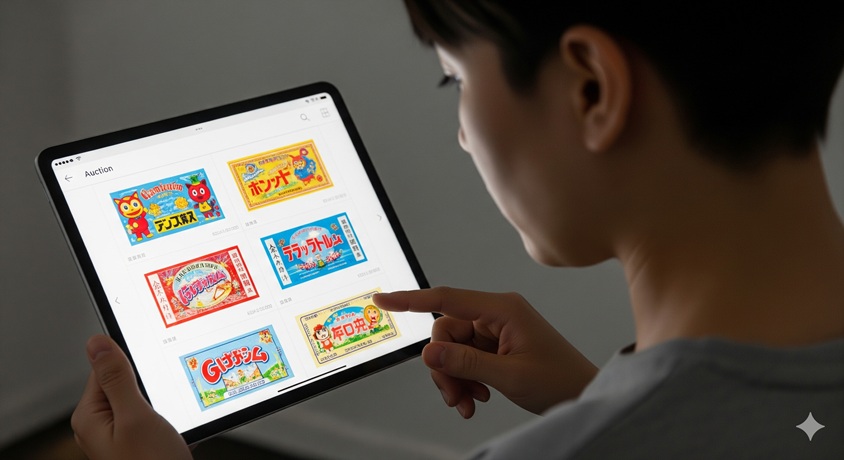 タブレット端末で昔のチケットやレトログッズのオークションサイトを見ている男性