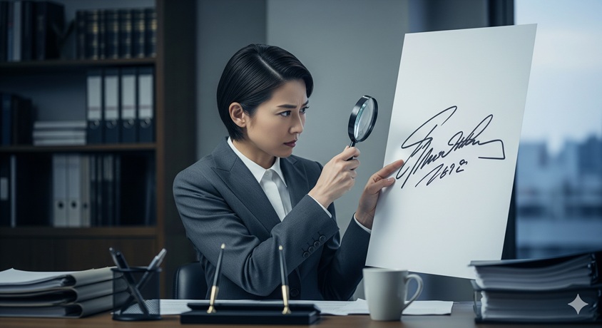 虫眼鏡を使って偽造されたサインを調べている様子の日本人女性。