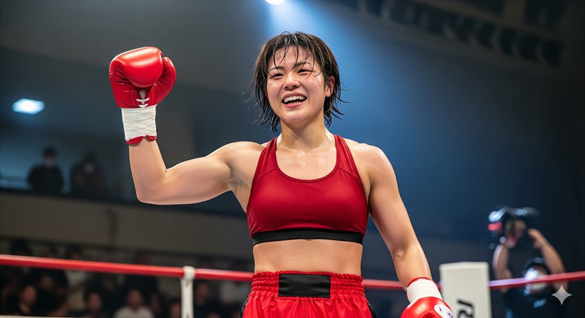 試合に勝利し、満面の笑みでリングに立つ日本人女性キックボクサー。