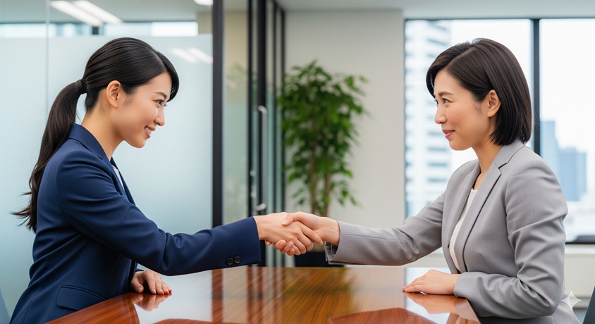 和解を象徴するように、オフィスで握手をしている2人の日本人女性。