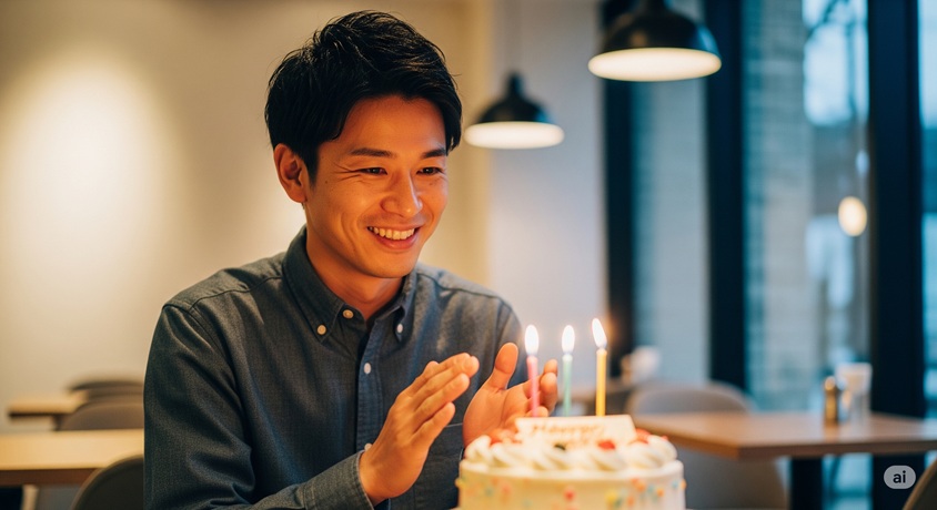 バースデーケーキを前に、笑顔で手を叩いている日本人男性の画像です。