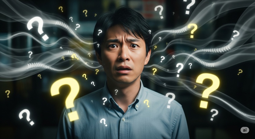 困惑した表情の日本人男性が、複数のクエスチョンマークに囲まれている画像です。