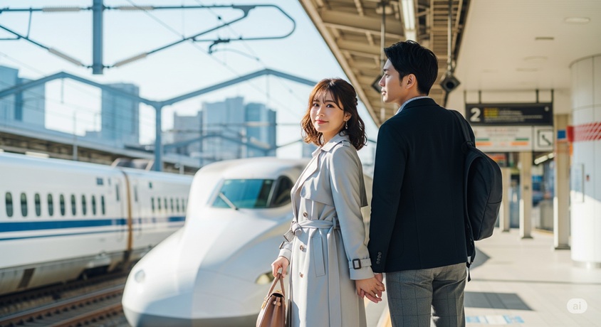 新幹線が停車している駅のホームで、手をつないでいる日本人カップルの画像です。