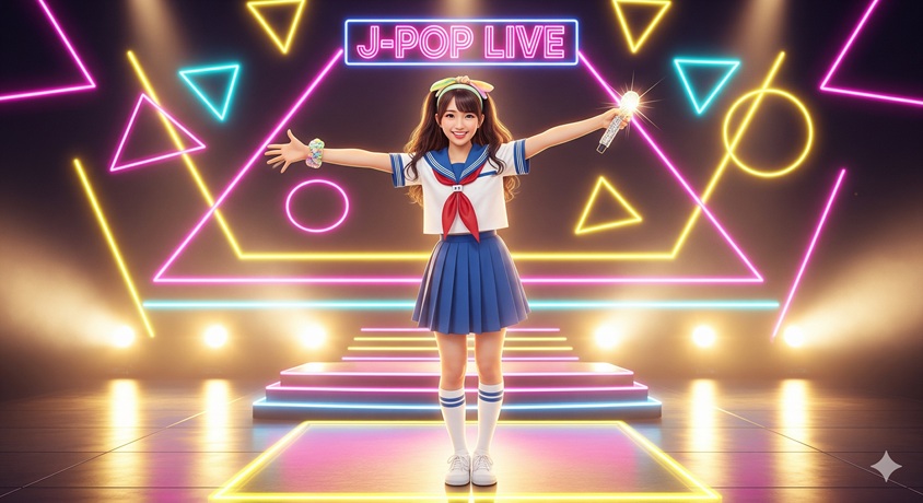高岡早紀さんのアイドル時代をイメージした、ステージで歌うセーラー服姿の女性