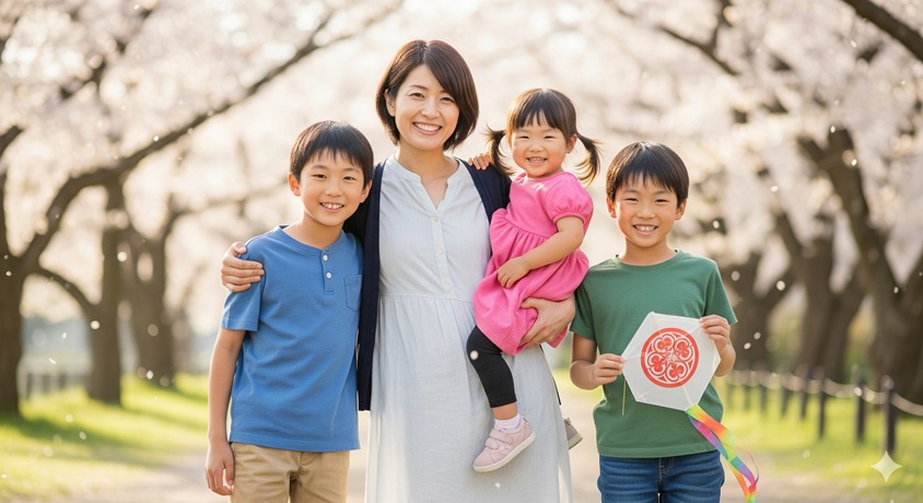 高岡早紀さんの家族構成をイメージした、2人の息子と1人の娘と微笑む日本人女性