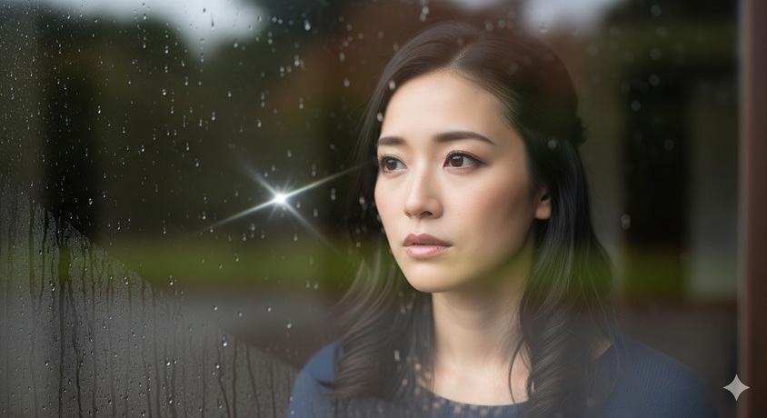 雨の日に窓の外を物憂げな表情で見つめる高岡早紀さんのイメージ画像