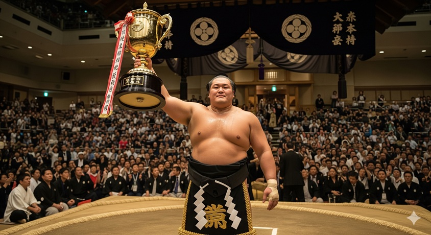 満員の観客が見守る相撲の土俵の上で、優勝賜杯を高く掲げる力士