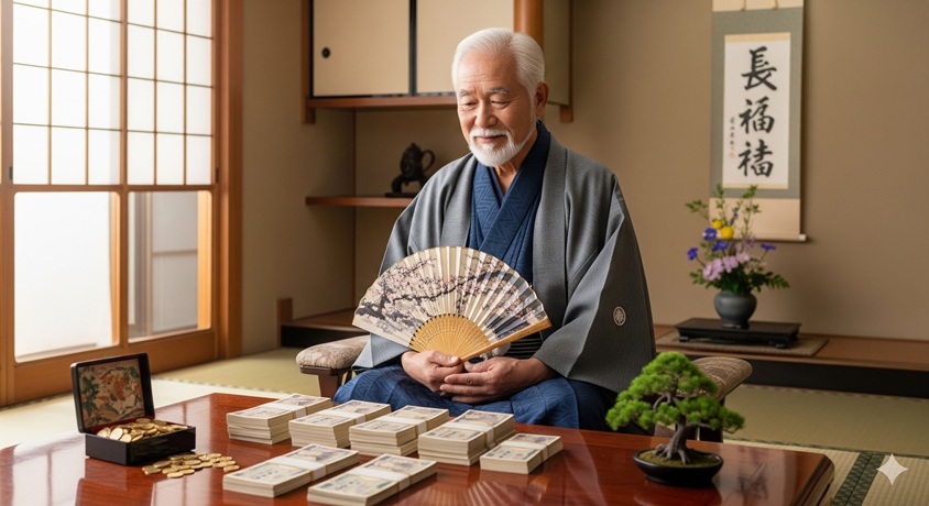 和室で着物姿の裕福そうな日本人男性が、テーブルに積まれた札束と金貨を前に座っている様子