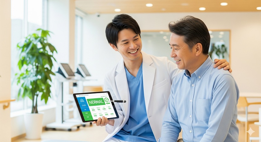 明るい診察室で、日本人医師がタブレットで健康診断の結果を患者に笑顔で説明している様子
