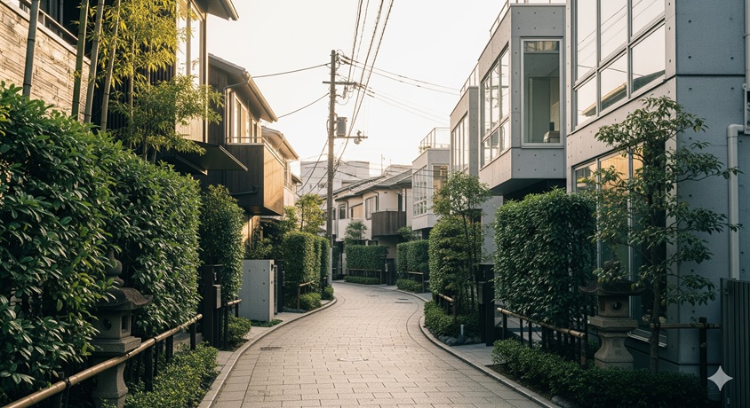 緑豊かな生垣と現代的な住宅が並ぶ、静かで趣のある日本の住宅街の路地