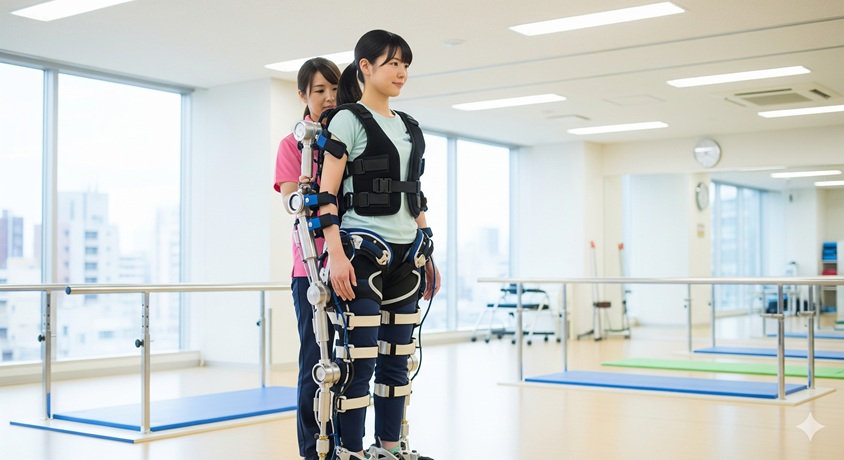 理学療法士の助けを借りて、リハビリ用のロボットスーツを装着して立つ女性。