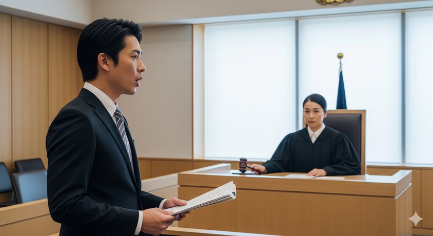 法廷で裁判官に向かって発言する弁護士。