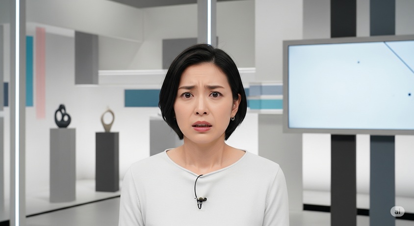 驚いたような表情でカメラを見つめている日本人女性。背景はスタジオセットです。