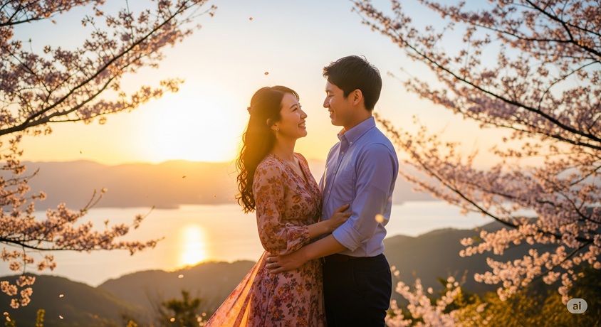 桜並木と夕日を背景に、見つめ合いながら抱き合っている日本人カップルです。