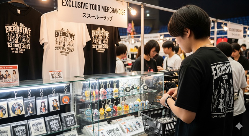 コンサート会場のグッズ販売ブースで、限定Tシャツやキーホルダーを熱心に見ている若い男性ファン