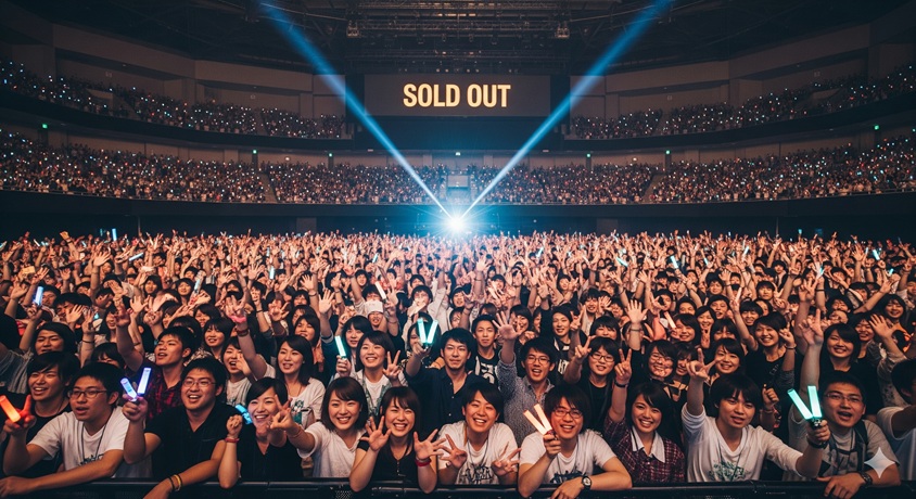 「SOLD OUT」と表示されたステージを前に、満員の観客がペンライトを振って盛り上がっているライブ会場
