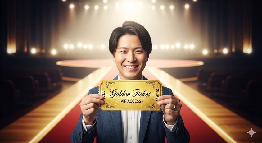 ステージ前のレッドカーペットで、スーツ姿の男性が「Golden Ticket」と書かれたVIPチケットを手に持ち微笑んでいる