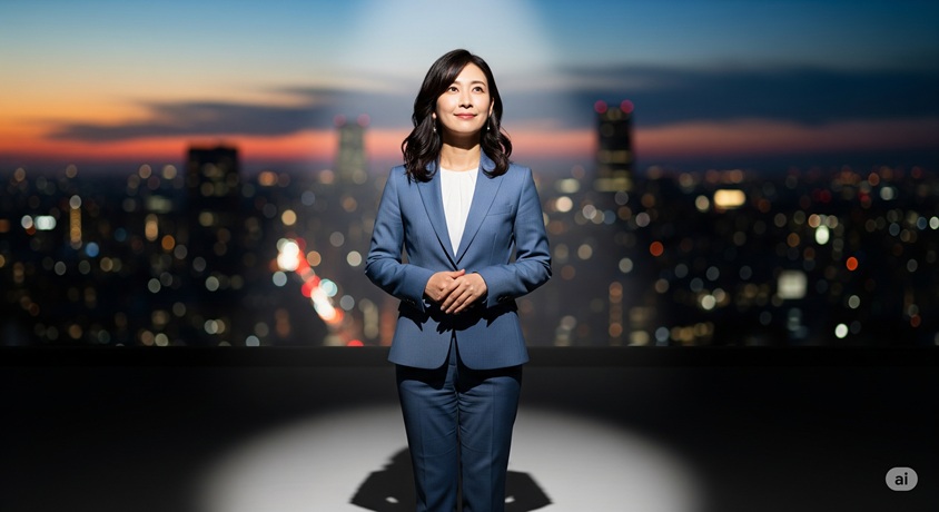 新たなキャリアへ進む決意をした日本人女性が、スポットライトを浴びながら夜景を背に立つ様子。