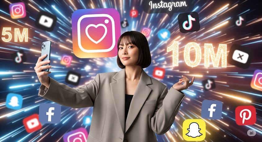 圧倒的なSNSフォロワー数を表現するため、スマホを持ち、さまざまなSNSのアイコンと光線に囲まれている日本人女性。