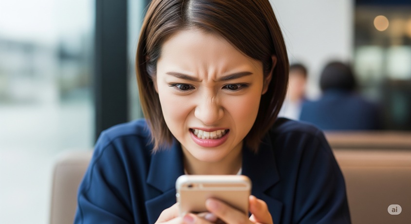 怒りや苛立ちが強く表れた表情でスマートフォンを見つめている女性。