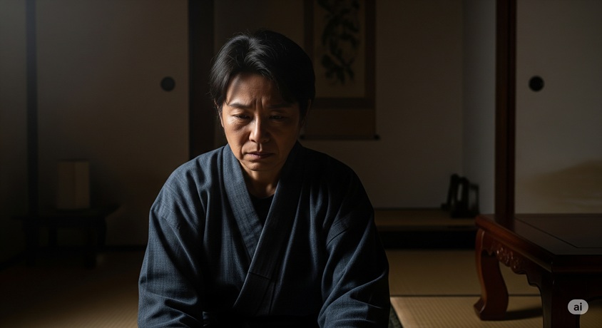 薄暗い和室で一人、うつむき加減に座り込み、物思いにふける人物。