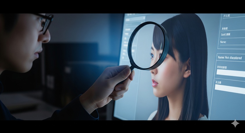 パソコン画面に表示された人物プロフィールを、虫眼鏡を使ってのぞき込む人の画像。「名前：非公開」という文字が見えます。