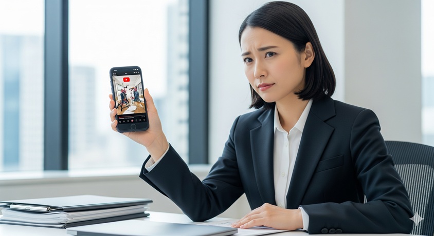 オフィスでスーツを着た日本人女性が、怪訝な表情でスマートフォンの画面を見せている様子。
