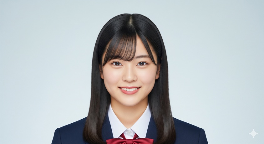 学生服を着て微笑んでいる若い女性です。