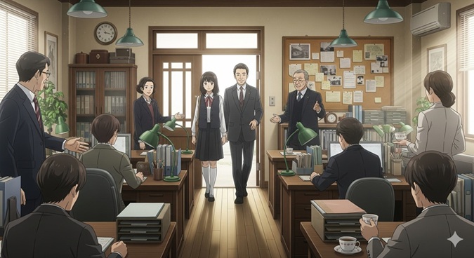 アニメ風のイラストで描かれた探偵事務所。ベテラン探偵が2人の新しいメンバーを温かく迎え入れ、他の探偵たちも笑顔で歓迎している様子。