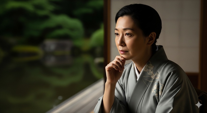 縁側で物思いにふける着物姿の日本人女性