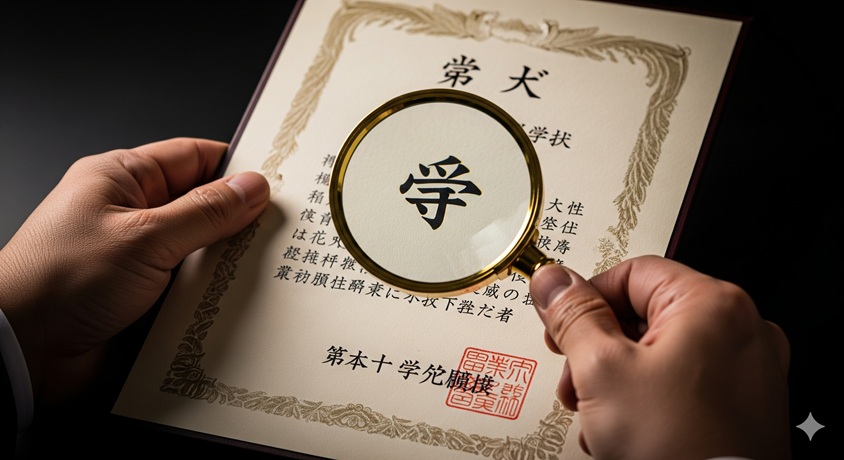 卒業証書（学業証明書）を虫眼鏡で詳細に確認している手元のクローズアップ