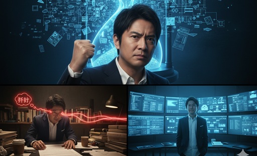 映画の撮影セットを背景に歩く劇団ひとりさんと、多数のモニターが並ぶ空間に向かうバカリズムさんの姿