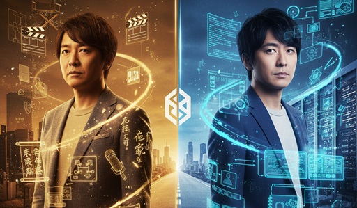 映画監督をイメージさせる劇団ひとりさんと脚本家をイメージさせるバカリズムさんを対比した画像