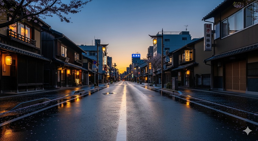 雨上がりの夕暮れ時、誰もいない日本の商店街をまっすぐ捉えた写真。