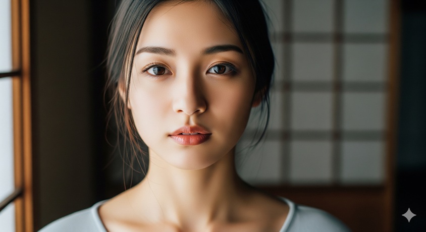 和室を背景に、透明感のある表情でこちらを見つめる日本人女性のポートレート。