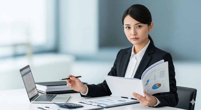 オフィスでノートパソコンと書類を前に、公認会計士のようなプロフェッショナルな服装で座っている日本人女性。