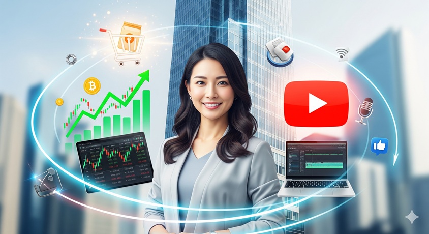  複数の収入源（YouTube、会計コンサルティング、オンラインショップなど）を象徴するアイコンに囲まれ、都会のビルを背景に微笑む女性の画像。