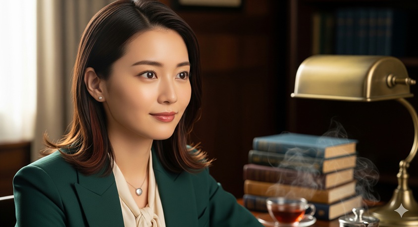 暖炉のある書斎で、知的な雰囲気を持ちながら穏やかに微笑む女性の画像。