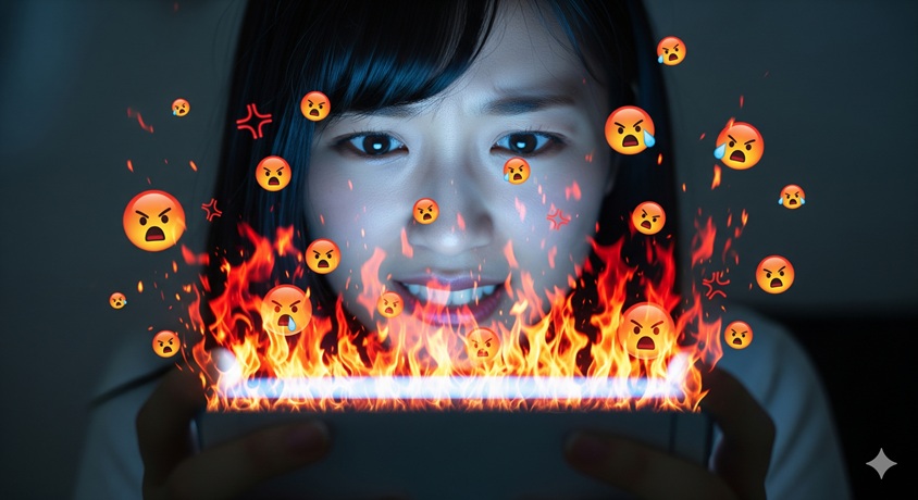 スマートフォンを操作する女性の顔が、画面から立ち昇る炎と怒りの絵文字で照らされており、ネット上での炎上を表している