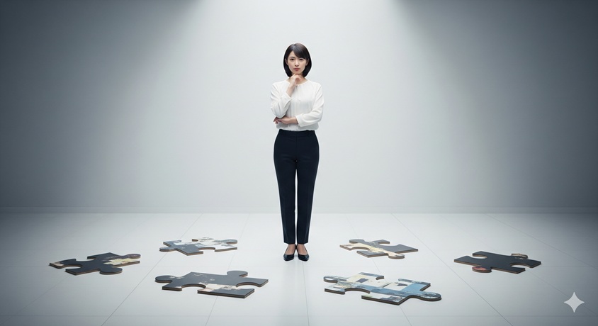 広々とした部屋の真ん中に立ち、床に散らばったパズルのピースを見つめている女性。疑惑の根拠が揃わない様子を表現している。