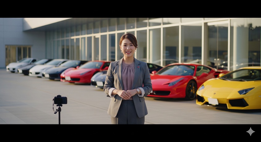  高級車が並んだ屋外で、動画撮影用カメラに向かって立つ女性YouTuberの画像。