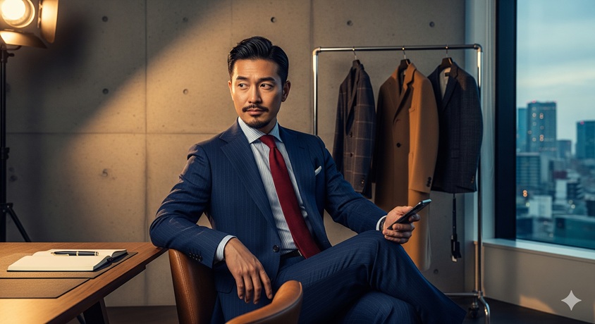 オフィスの一角で、スーツを着てスマートフォンを持つ男性のポートレート。