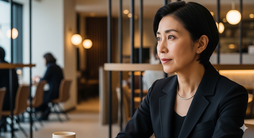 カフェでコーヒーを飲みながら窓の外を眺め、物思いにふけるスーツ姿の女性