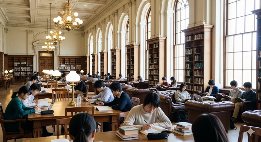 重厚な書棚に囲まれた、歴史ある大学図書館で勉強する日本人学生たち。世界的な優秀大学であるコロンビア大学の学術的な雰囲気を表現。