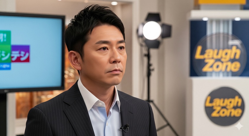 スーツ姿で真剣な表情を浮かべる、テレビスタジオにいる日本人男性司会者
