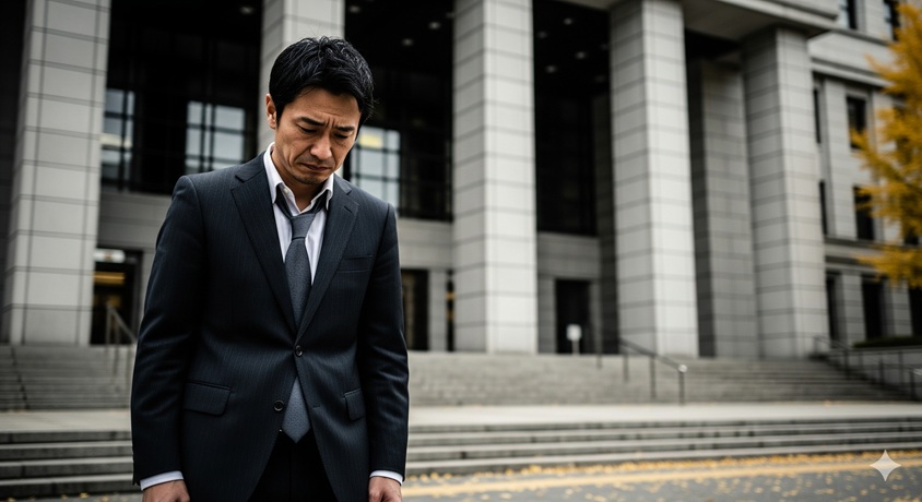 判所のような建物の前に立ち、うなだれて失望した表情を見せるスーツ姿の日本人男性。実刑を免れたものの有罪判決が確定した様子。