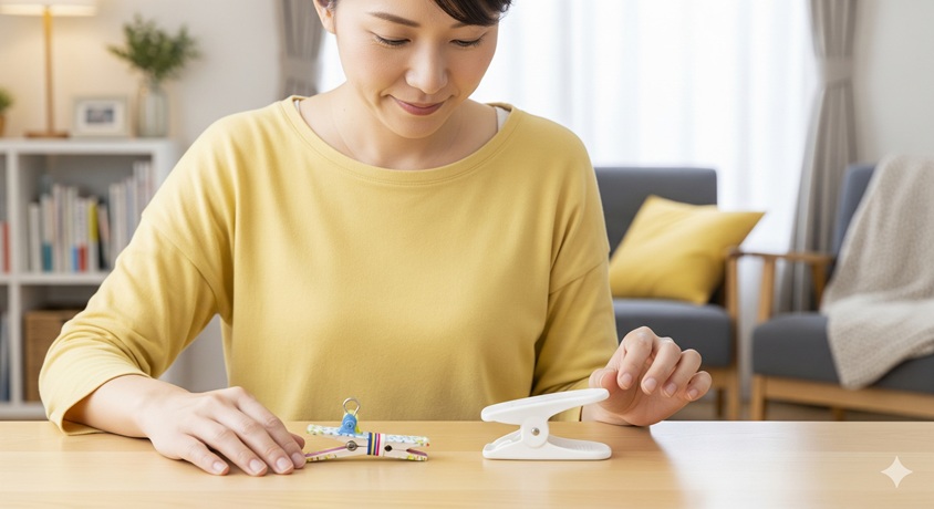 テーブルの上で手作りしたブランケットクリップの代用品を見ている女性

